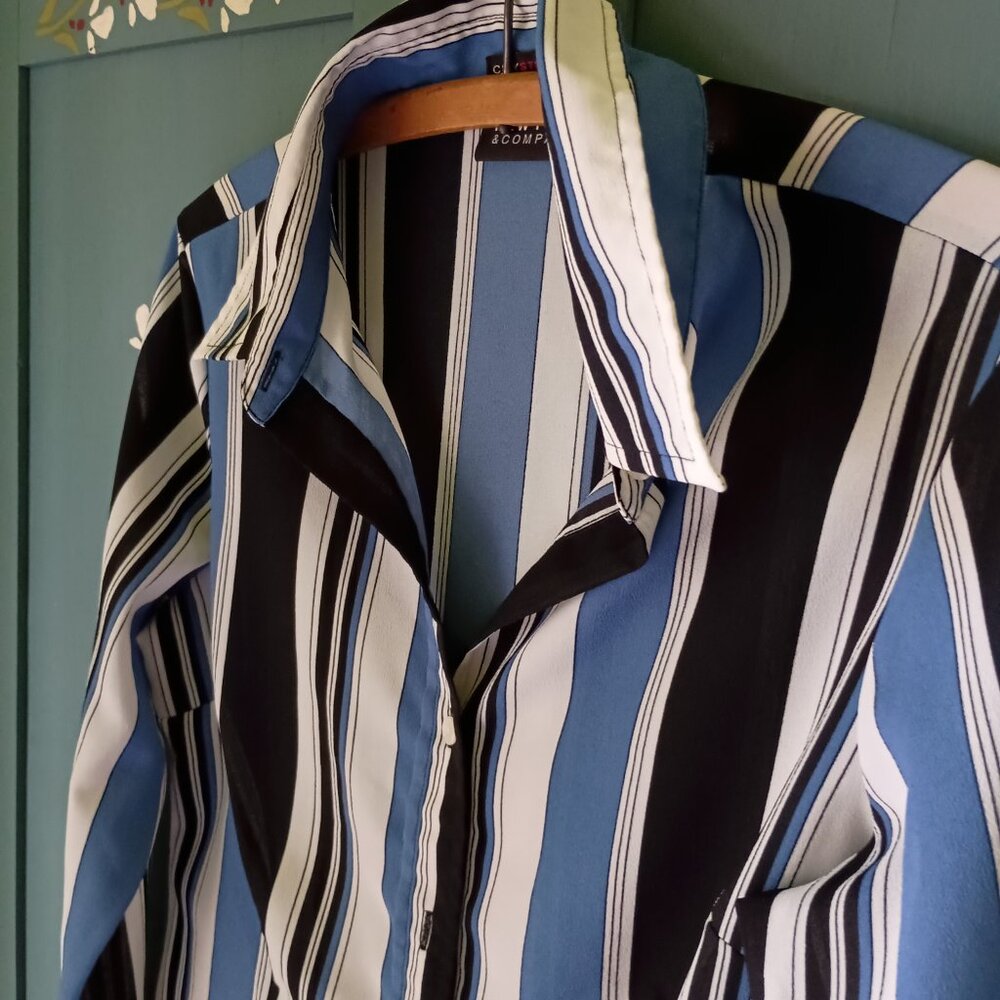 Button Down City Stretch NY&Co Women's Blouse Stripes Collar Cuffs Size M